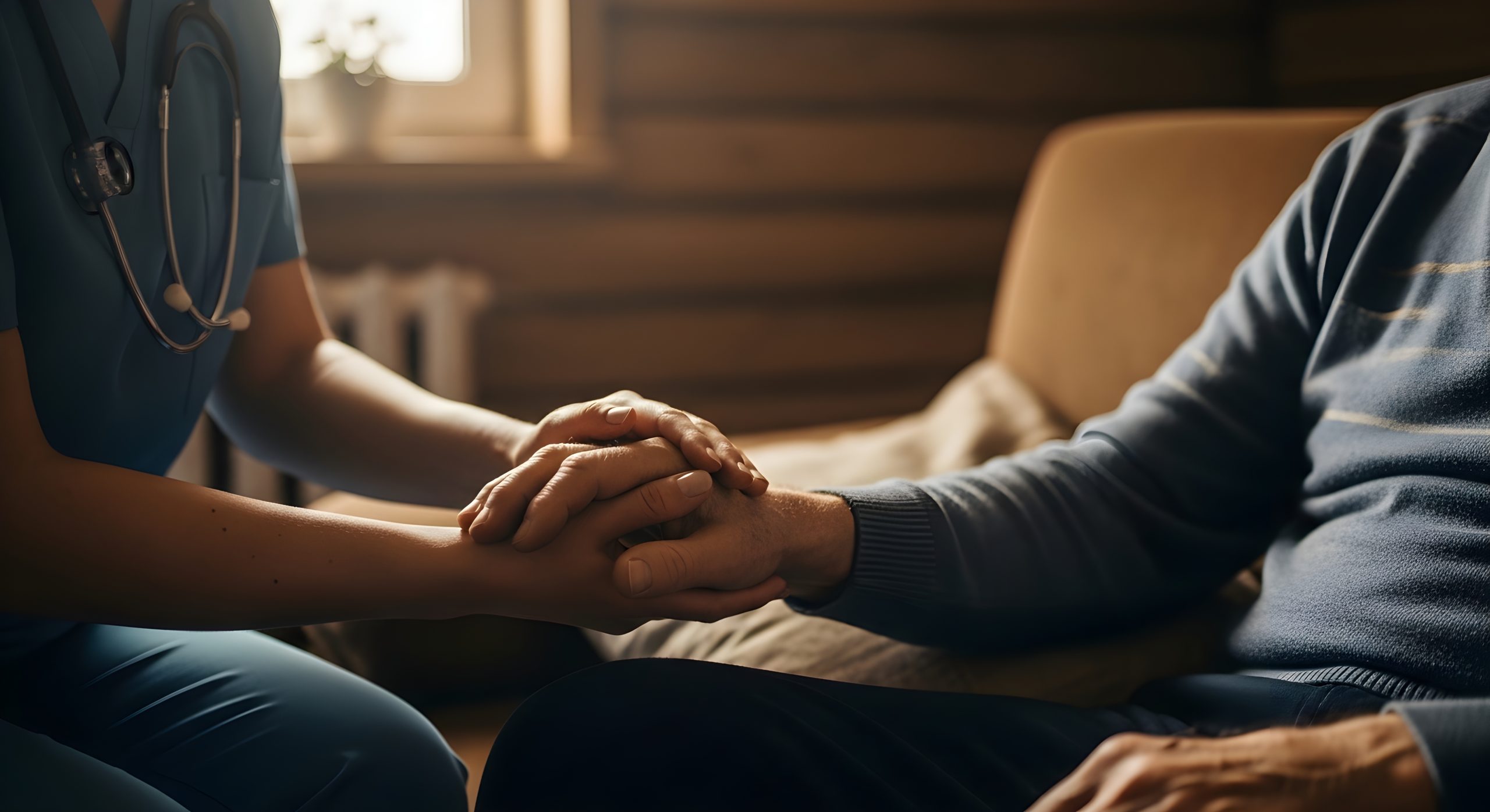 Compassionate healthcare professional offering comfort and support to an elderly patient by gently holding hands in a warm, domestic setting, symbolizing care and human connection